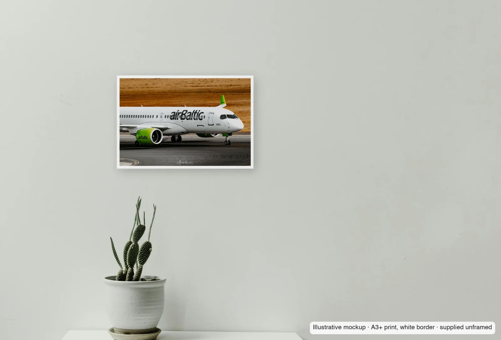Closer view of Lime and white as an unframed A3+ white-border print above a sideboard.