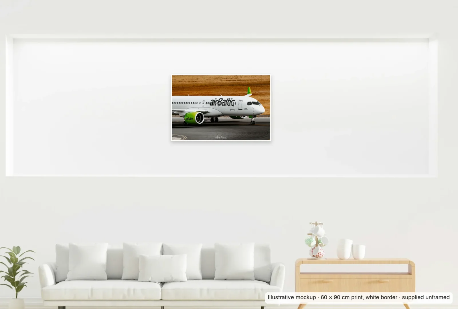 Illustrative mockup showing the scale of Lime and white as an unframed 60 × 90 cm print above a sofa.