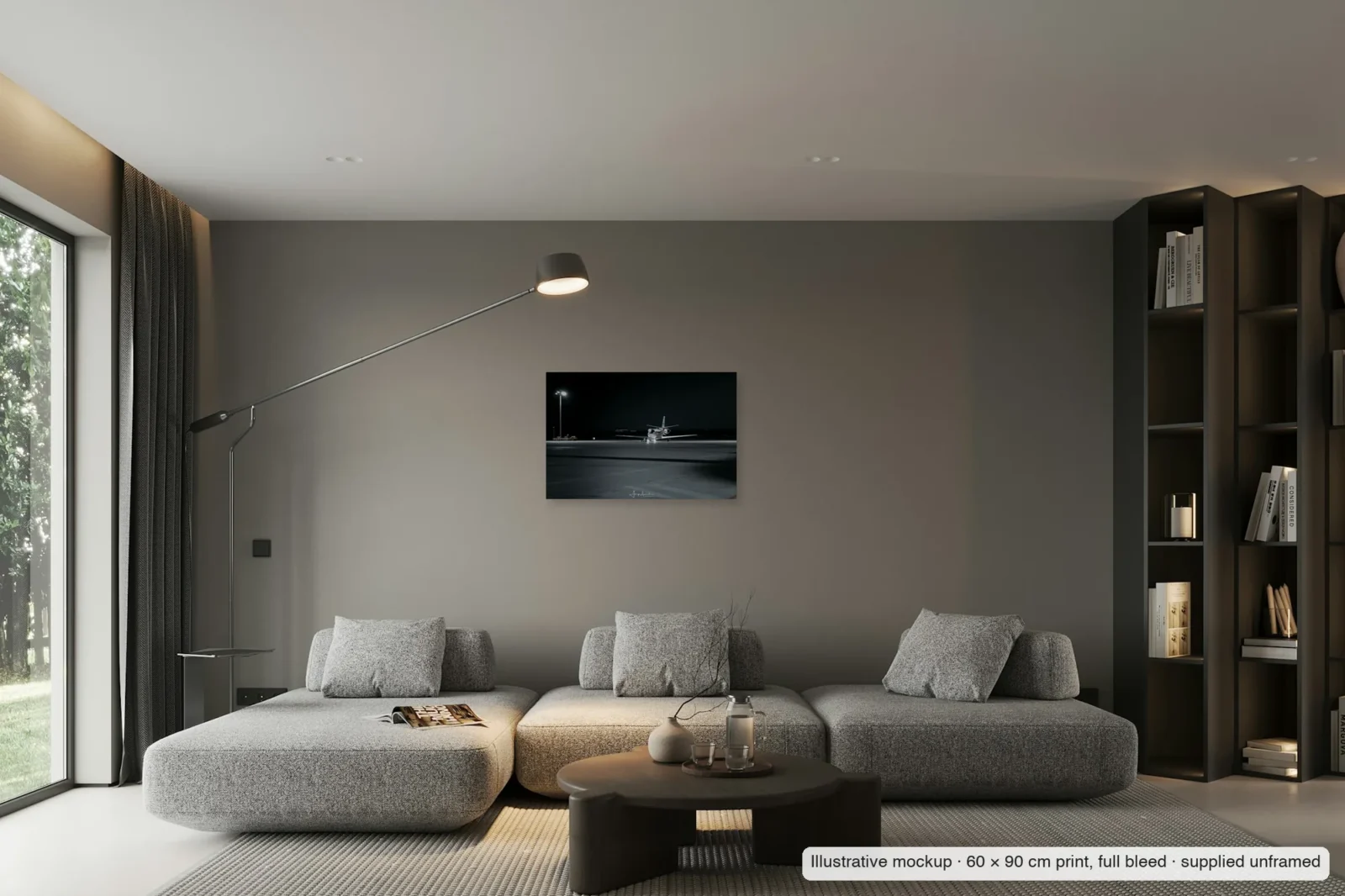 Illustrative mockup of Lone taxi as an unframed 60 × 90 cm full-bleed print on a living-room wall.