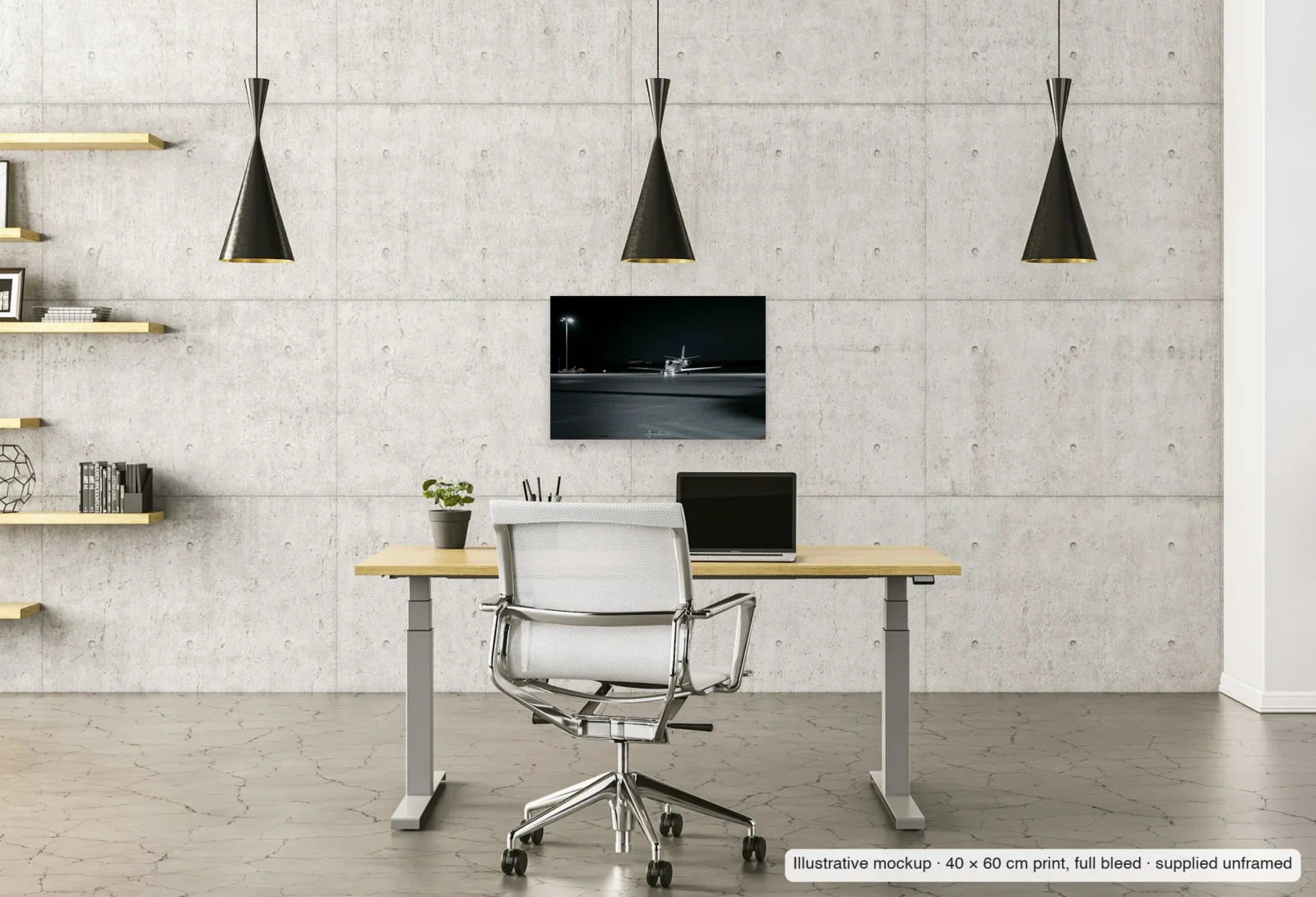 Illustrative mockup of Lone taxi as an unframed 40 × 60 cm print above a desk in a home office.