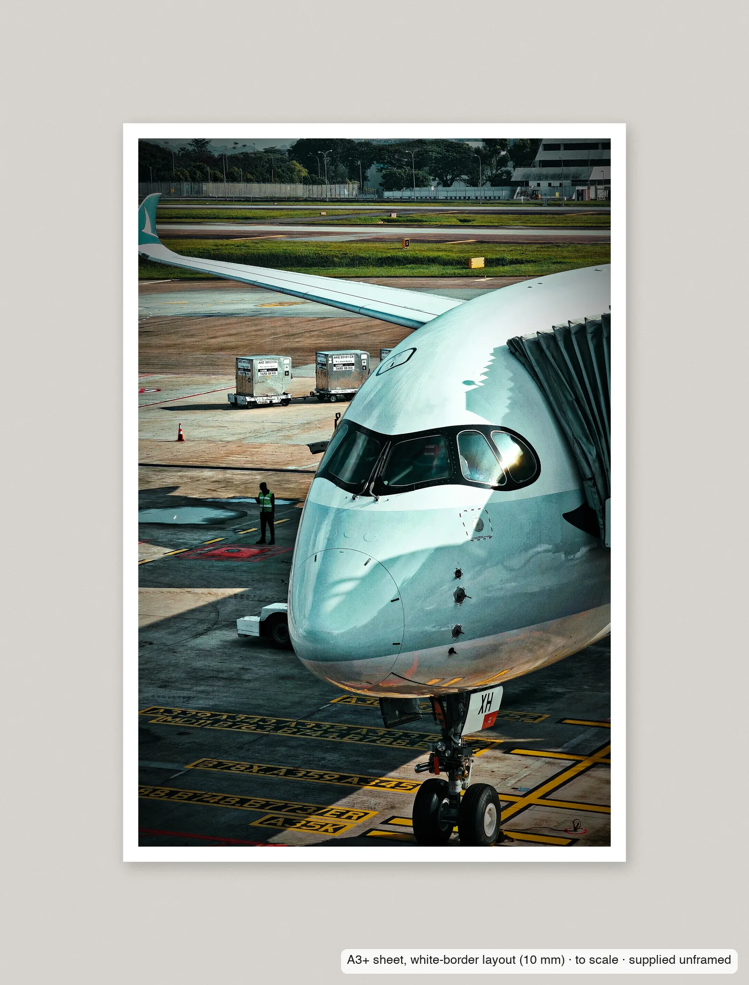 Morning at Changi printed as an A3+ sheet with a 10 mm white border, shown flat and unframed.