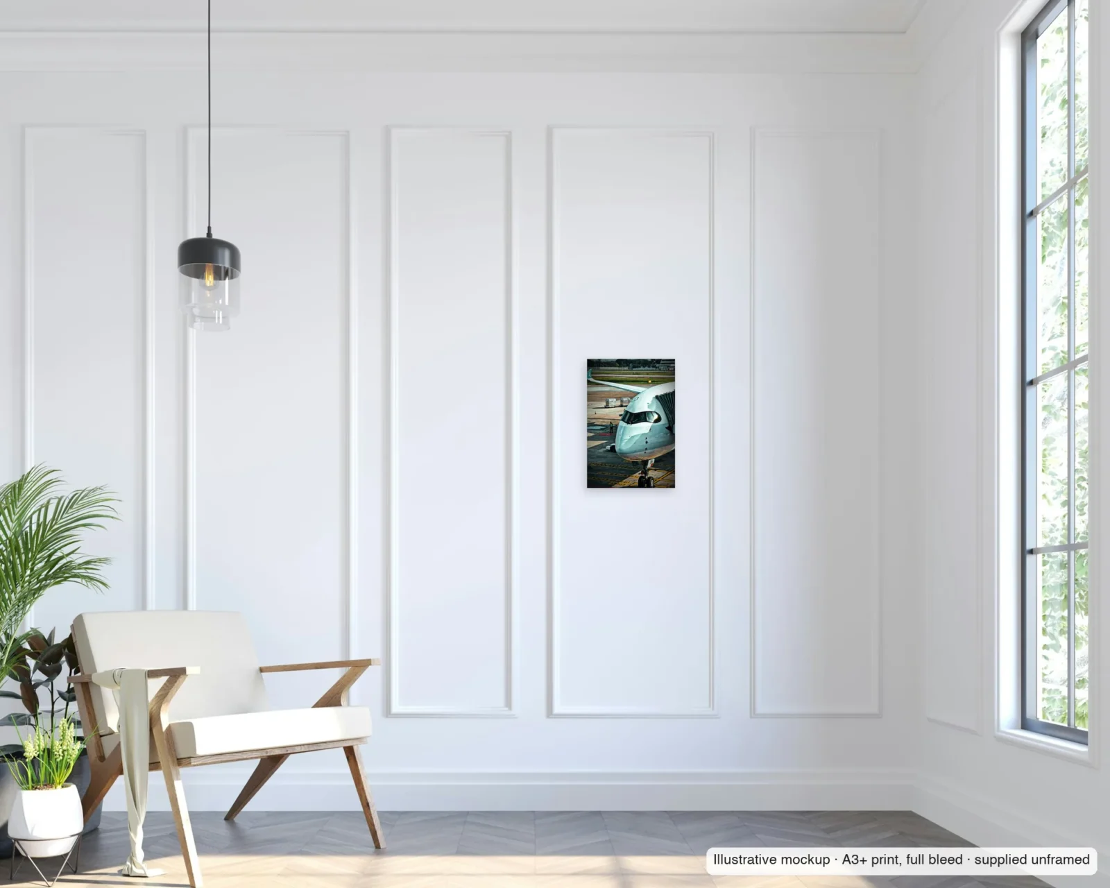 Illustrative mockup of Morning at Changi as an unframed A3+ full-bleed print on a living-room wall.