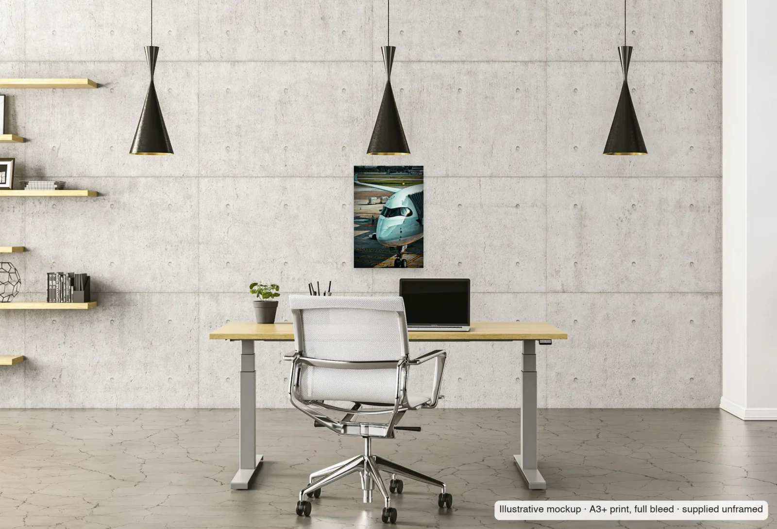 Illustrative mockup of Morning at Changi as an unframed A3+ print above a desk in a home office.