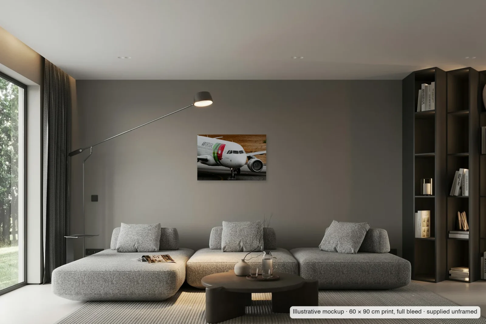 Illustrative mockup of Named for a novelist as an unframed 60 × 90 cm full-bleed print on a living-room wall.