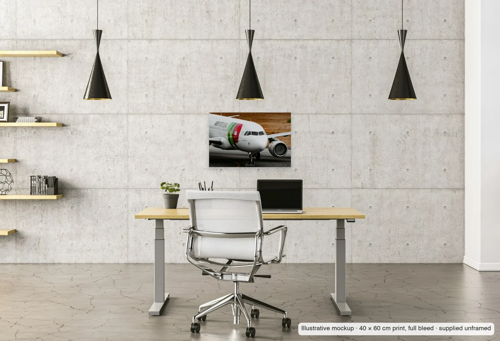 Illustrative mockup of Named for a novelist as an unframed 40 × 60 cm print above a desk in a home office.