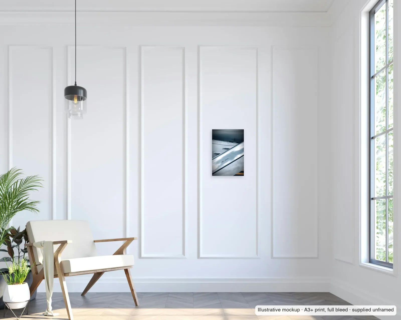Illustrative mockup of No step as an unframed A3+ full-bleed print on a living-room wall.