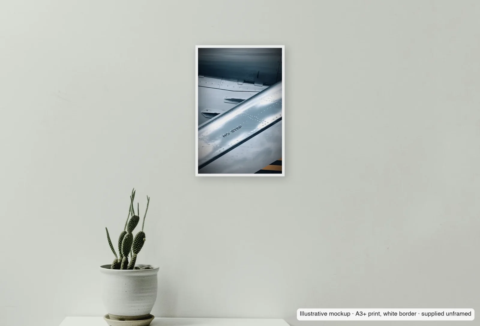 Closer view of No step as an unframed A3+ white-border print above a sideboard.