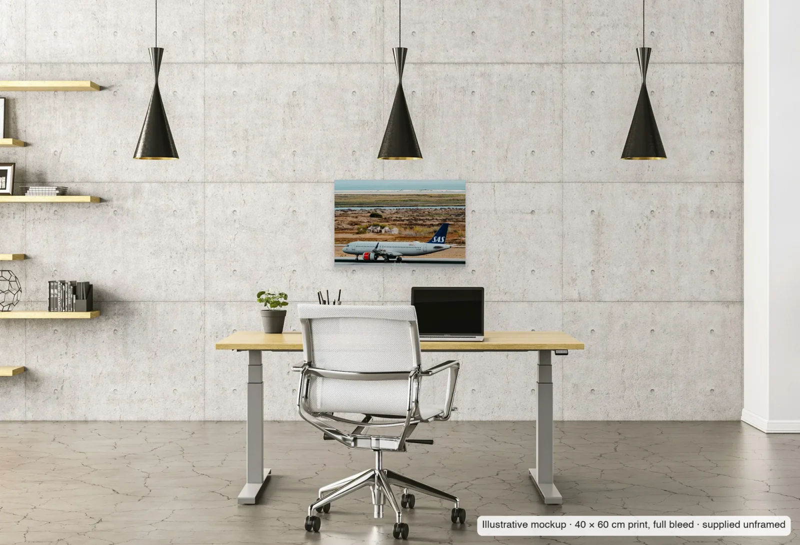 Illustrative mockup of North meets south as an unframed 40 × 60 cm print above a desk in a home office.