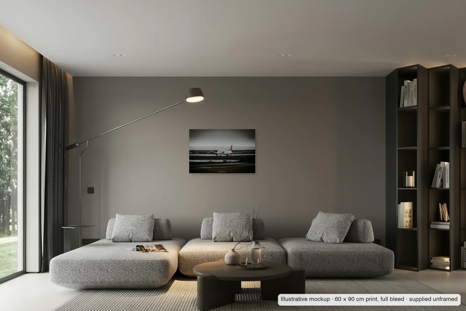 Illustrative mockup of Over the lagoon as an unframed 60 × 90 cm full-bleed print on a living-room wall.