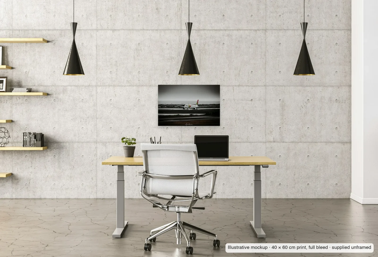 Illustrative mockup of Over the lagoon as an unframed 40 × 60 cm print above a desk in a home office.