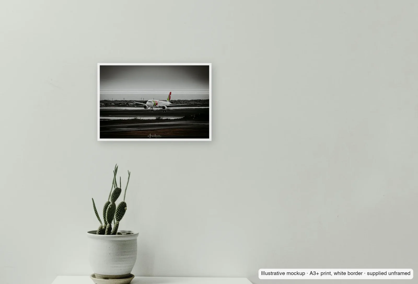 Closer view of Over the lagoon as an unframed A3+ white-border print above a sideboard.