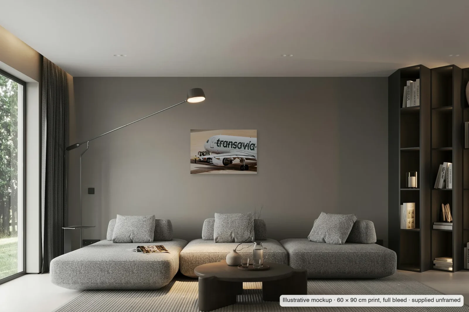 Illustrative mockup of Pushback as an unframed 60 × 90 cm full-bleed print on a living-room wall.