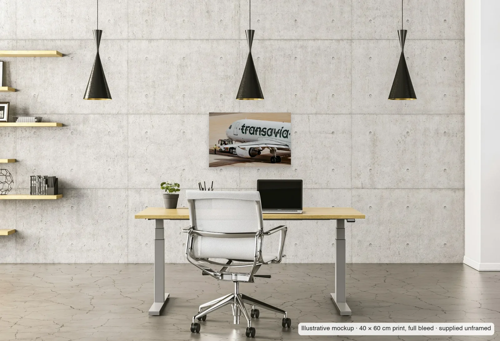 Illustrative mockup of Pushback as an unframed 40 × 60 cm print above a desk in a home office.