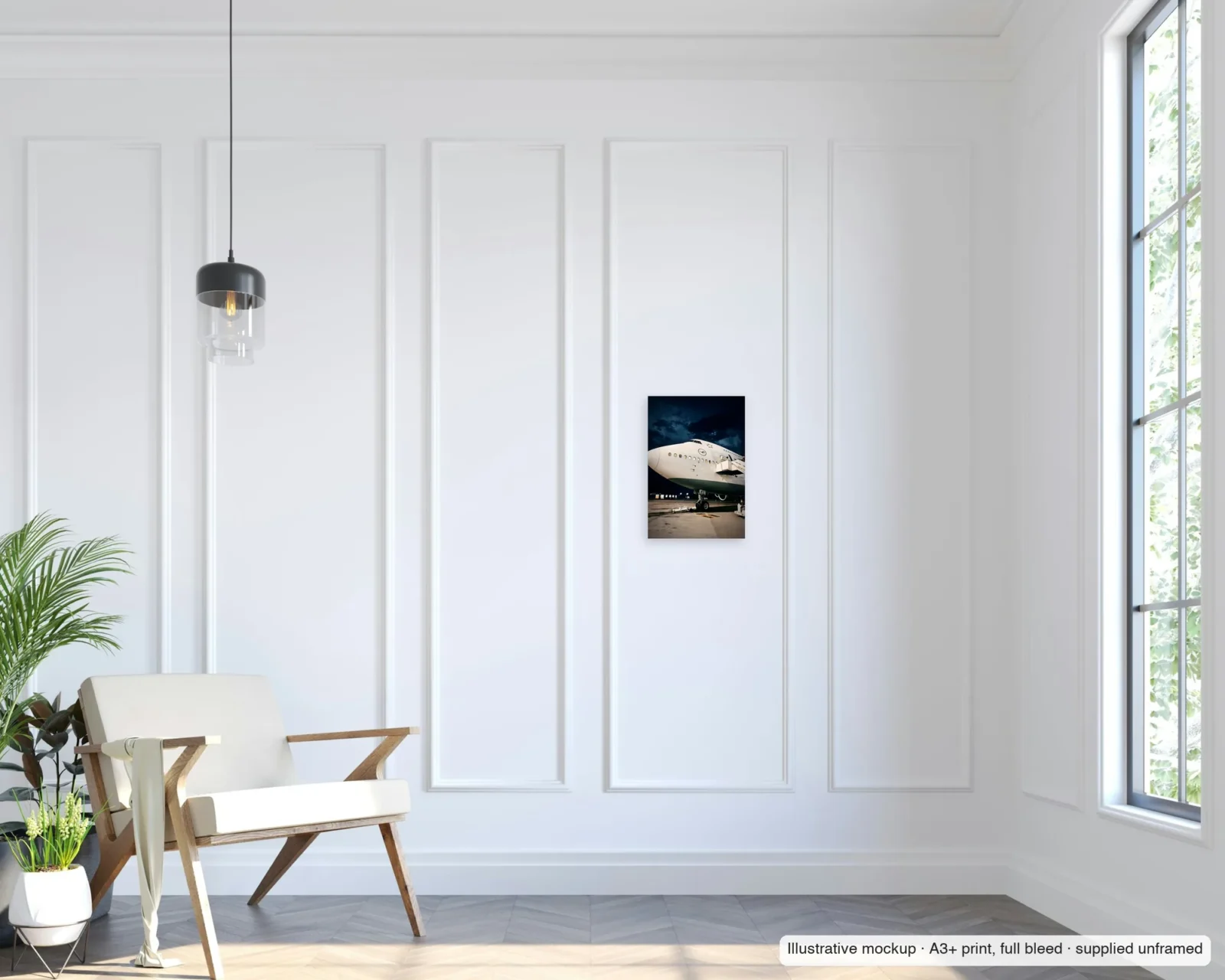 Illustrative mockup of Queen of the night as an unframed A3+ full-bleed print on a living-room wall.