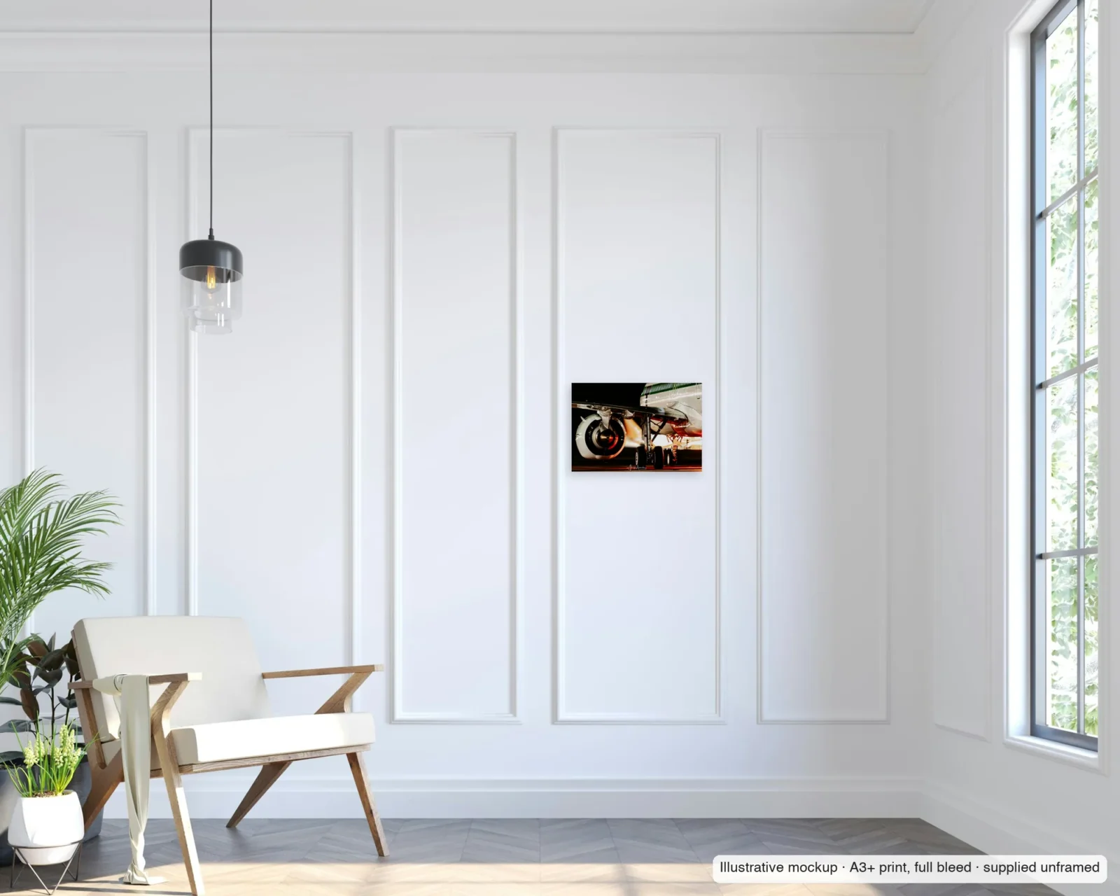 Illustrative mockup of Retro at rest as an unframed A3+ full-bleed print on a living-room wall.