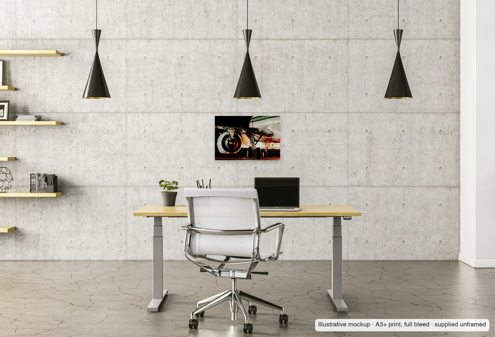 Illustrative mockup of Retro at rest as an unframed A3+ print above a desk in a home office.