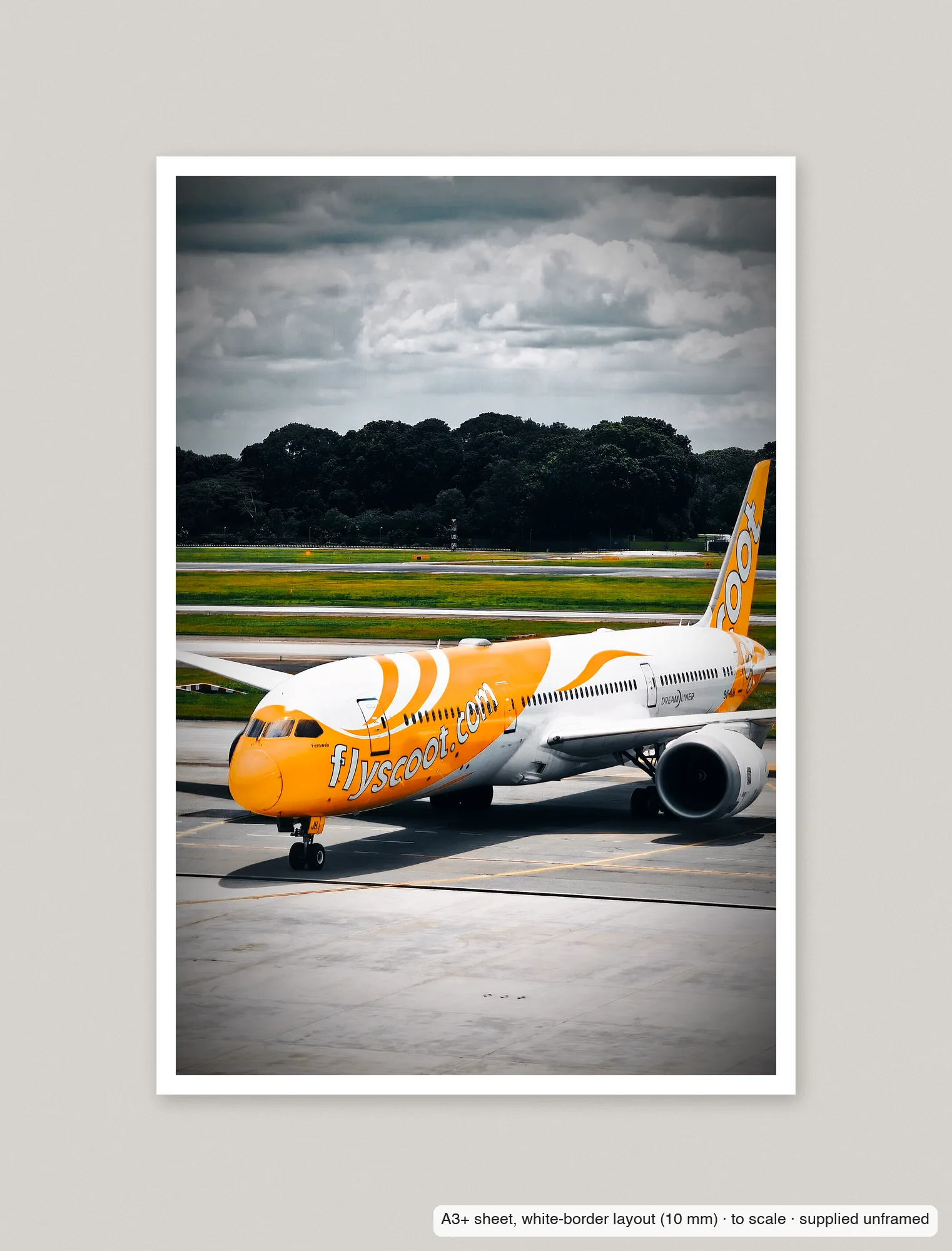 Scoot under a heavy sky printed as an A3+ sheet with a 10 mm white border, shown flat and unframed.