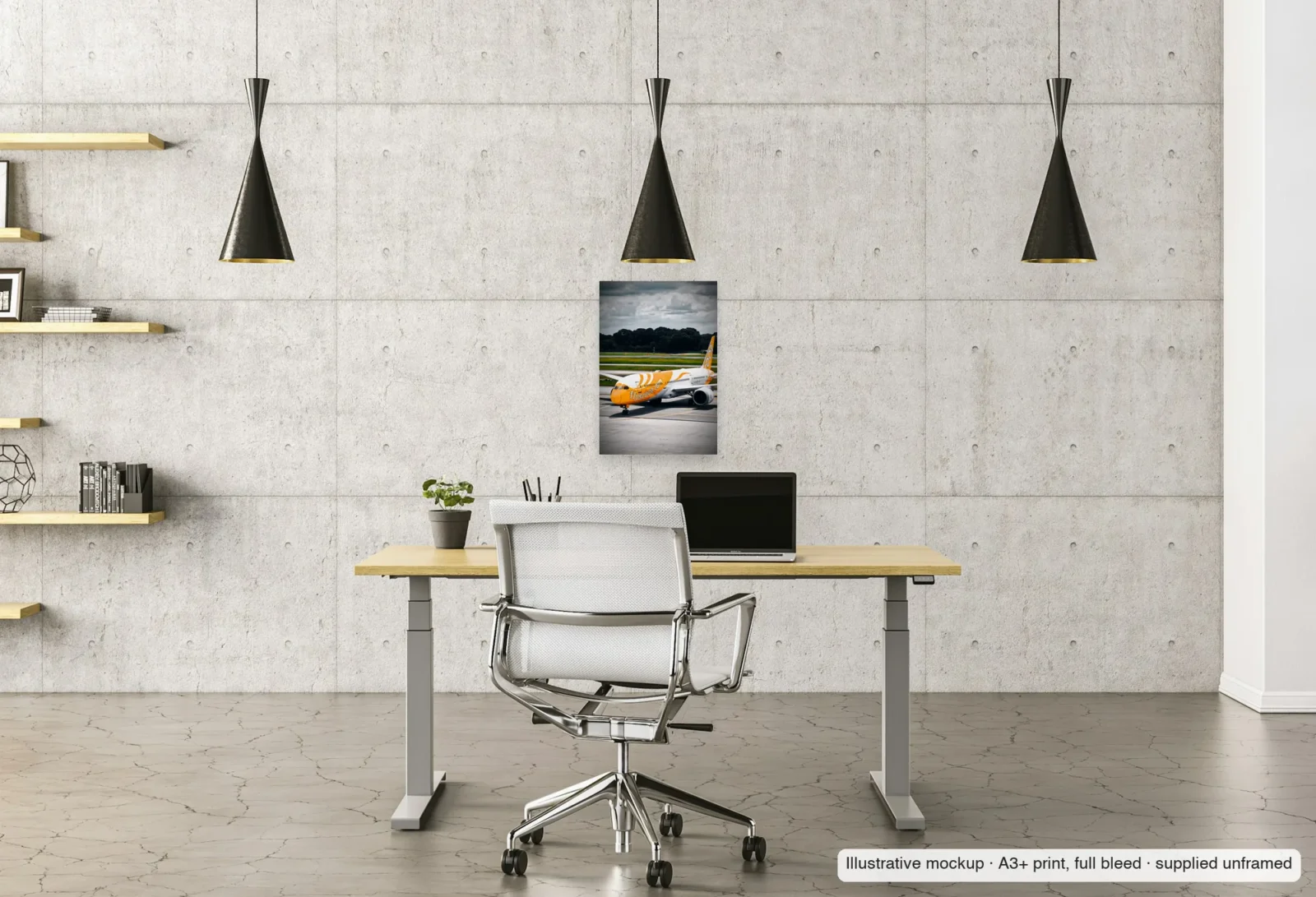 Illustrative mockup of Scoot under a heavy sky as an unframed A3+ print above a desk in a home office.