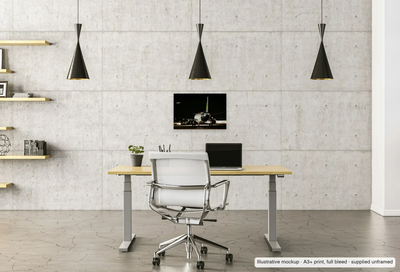 Illustrative mockup of Shamrock at night as an unframed A3+ print above a desk in a home office.