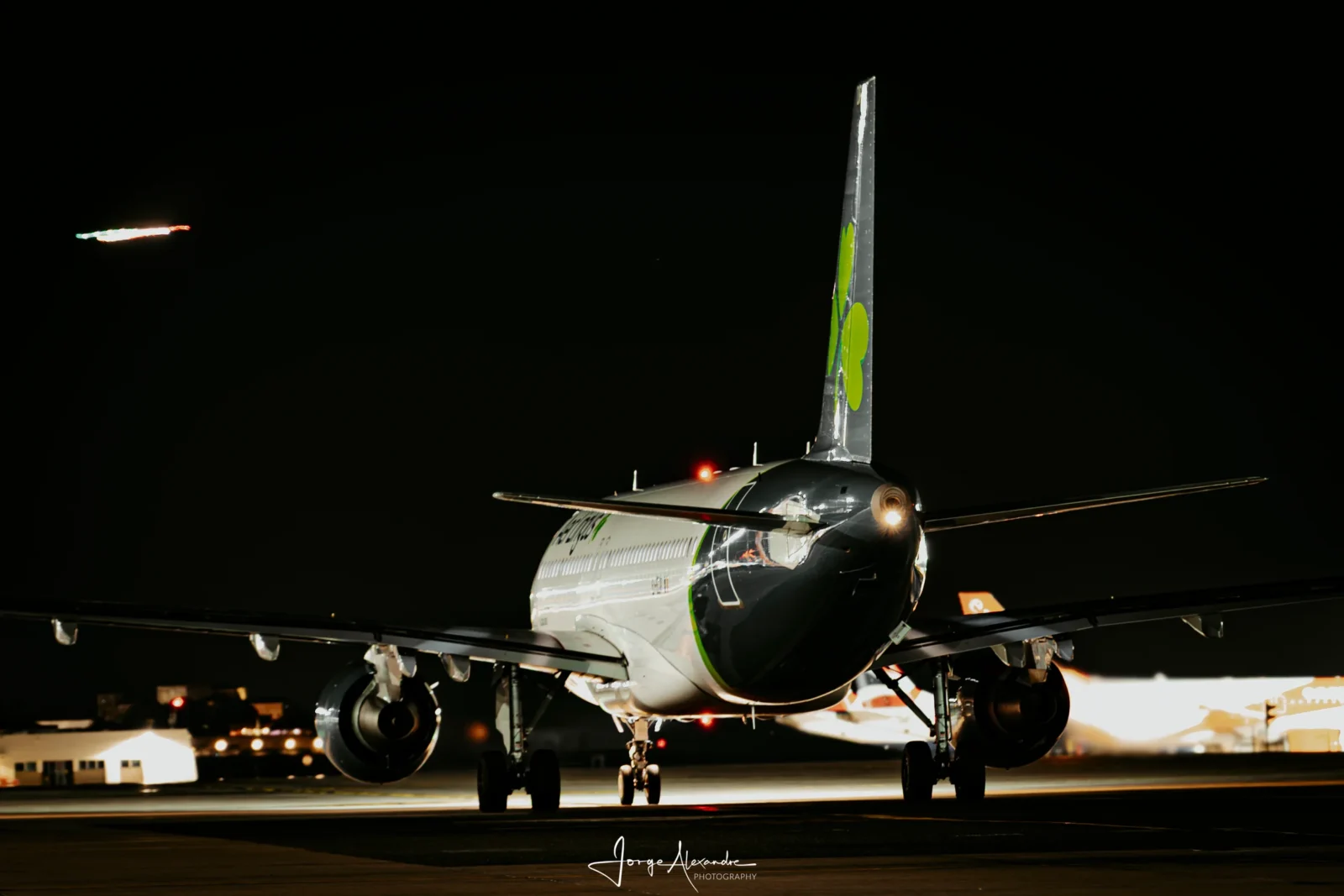 Aer Lingus Airbus seen from behind at night with its green shamrock tail lit and apron lights glowing.