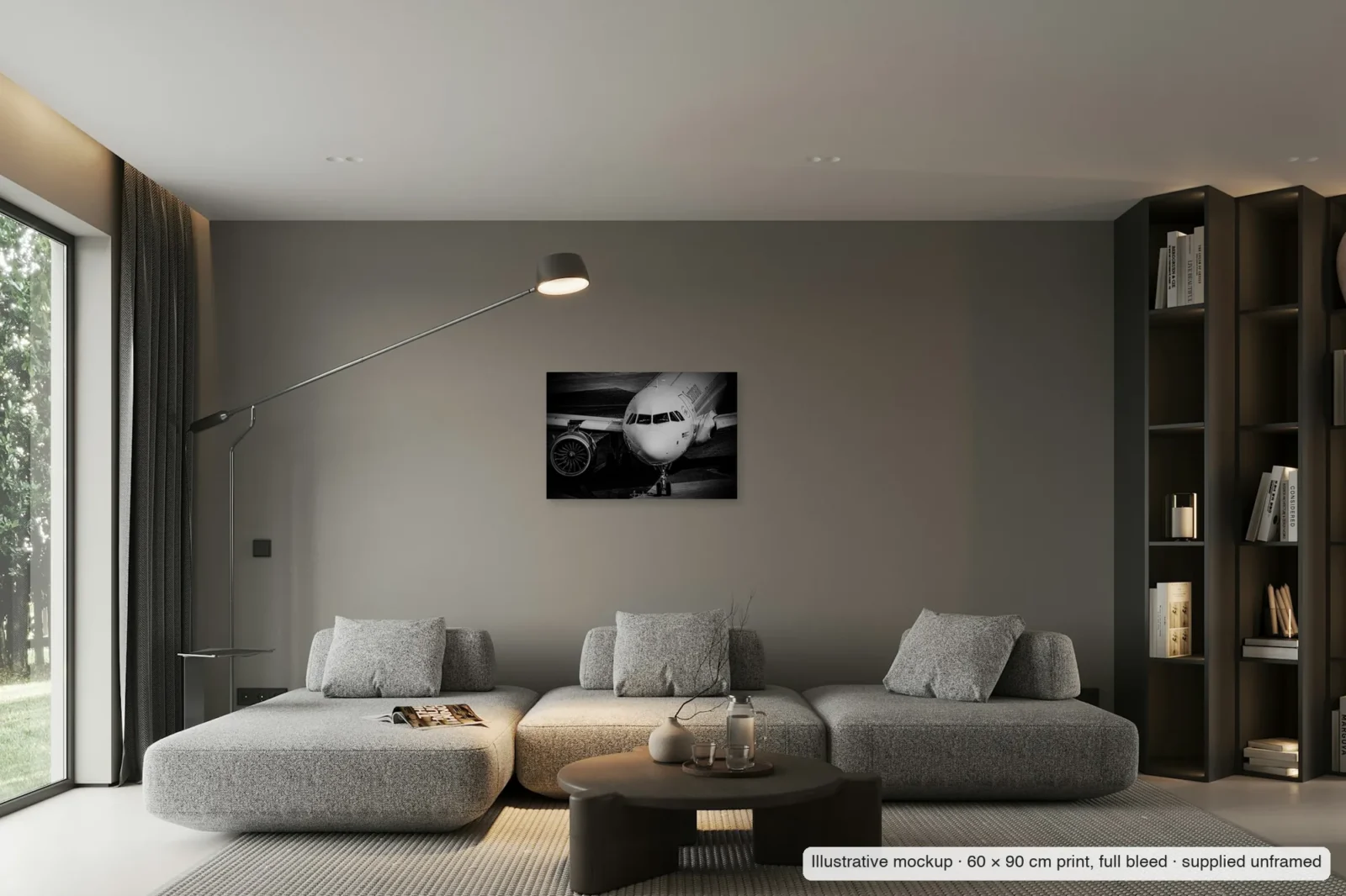 Illustrative mockup of Silver and shadow as an unframed 60 × 90 cm full-bleed print on a living-room wall.