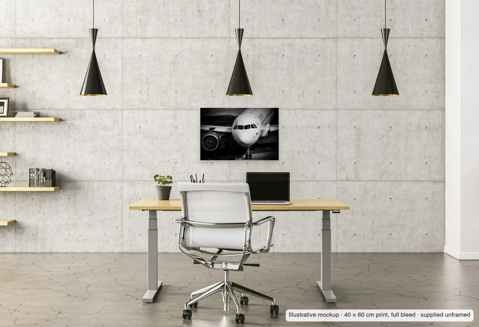 Illustrative mockup of Silver and shadow as an unframed 40 × 60 cm print above a desk in a home office.
