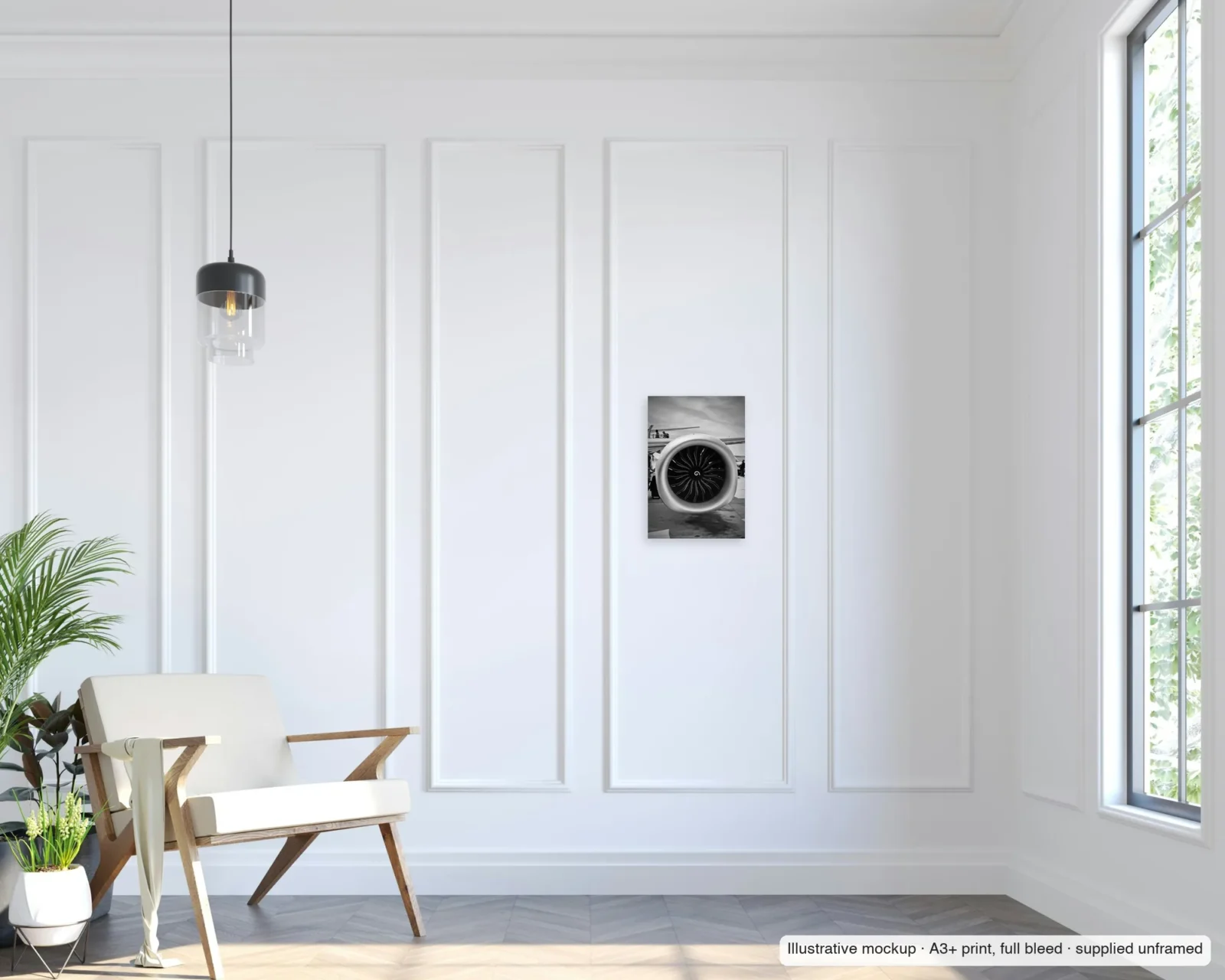 Illustrative mockup of Spiral, Faro as an unframed A3+ full-bleed print on a living-room wall.