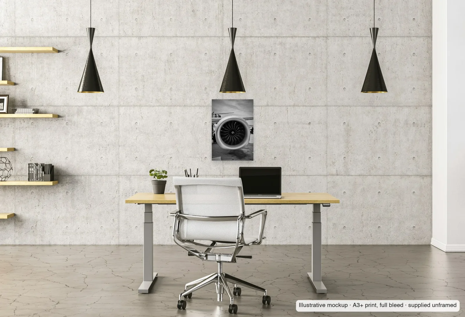 Illustrative mockup of Spiral, Faro as an unframed A3+ print above a desk in a home office.