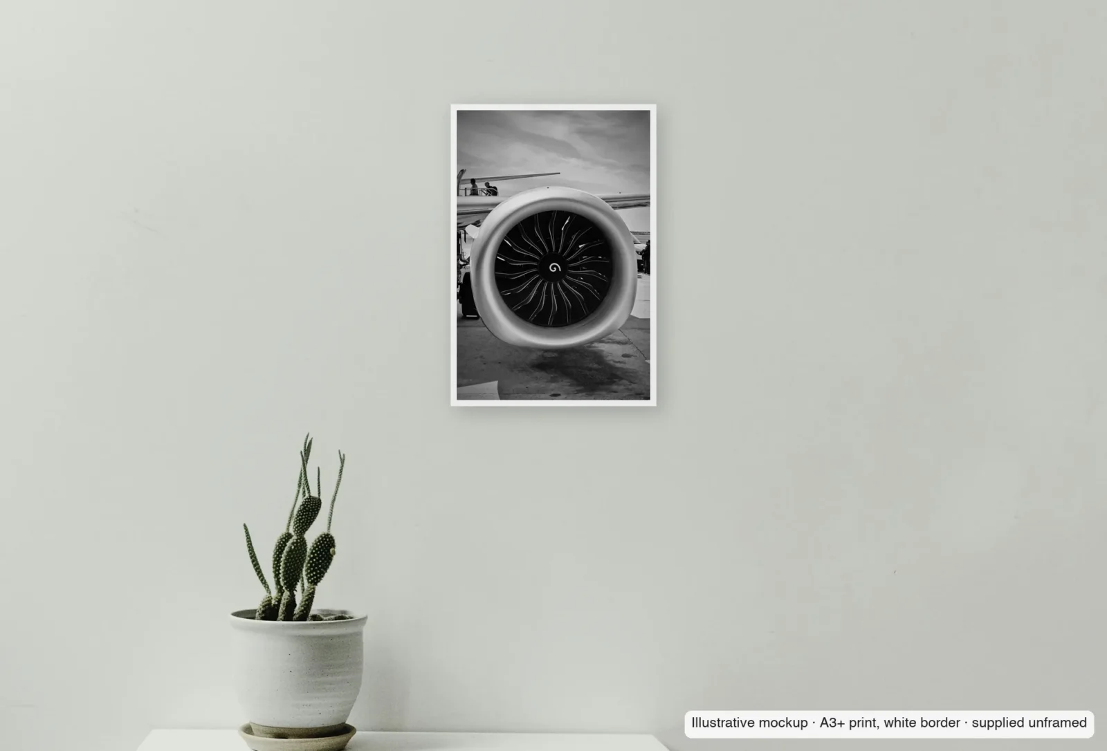 Closer view of Spiral, Faro as an unframed A3+ white-border print above a sideboard.