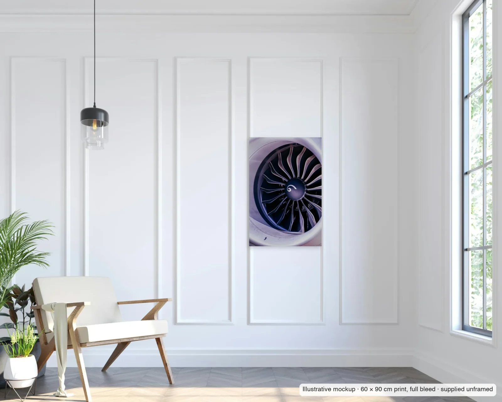 Illustrative mockup of Spiral heart as an unframed 60 × 90 cm full-bleed print on a living-room wall.