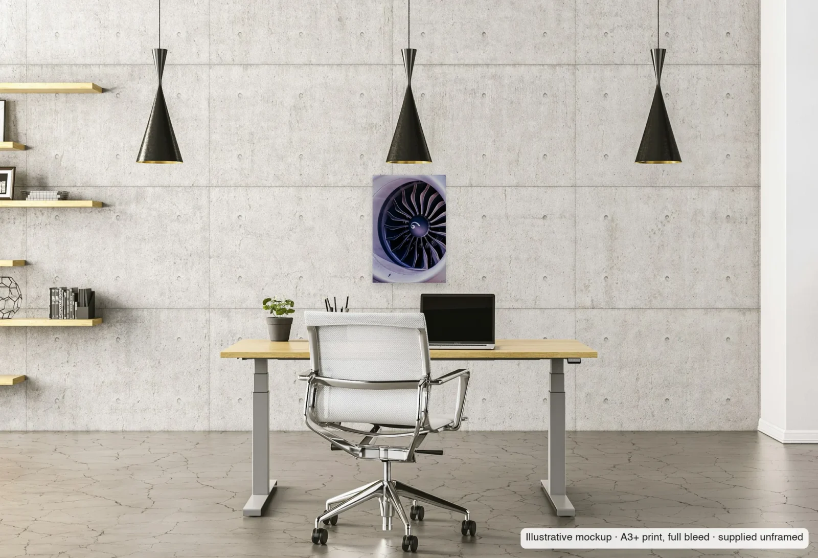 Illustrative mockup of Spiral heart as an unframed A3+ print above a desk in a home office.