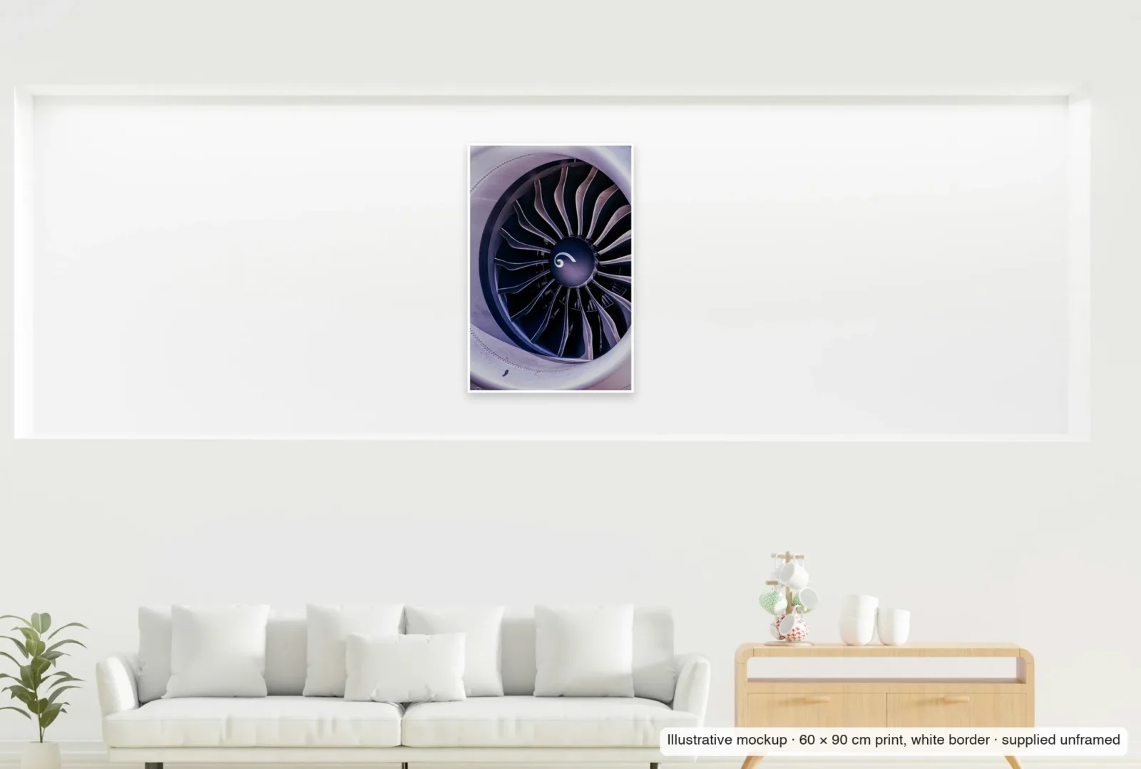 Illustrative mockup showing the scale of Spiral heart as an unframed 60 × 90 cm print above a sofa.