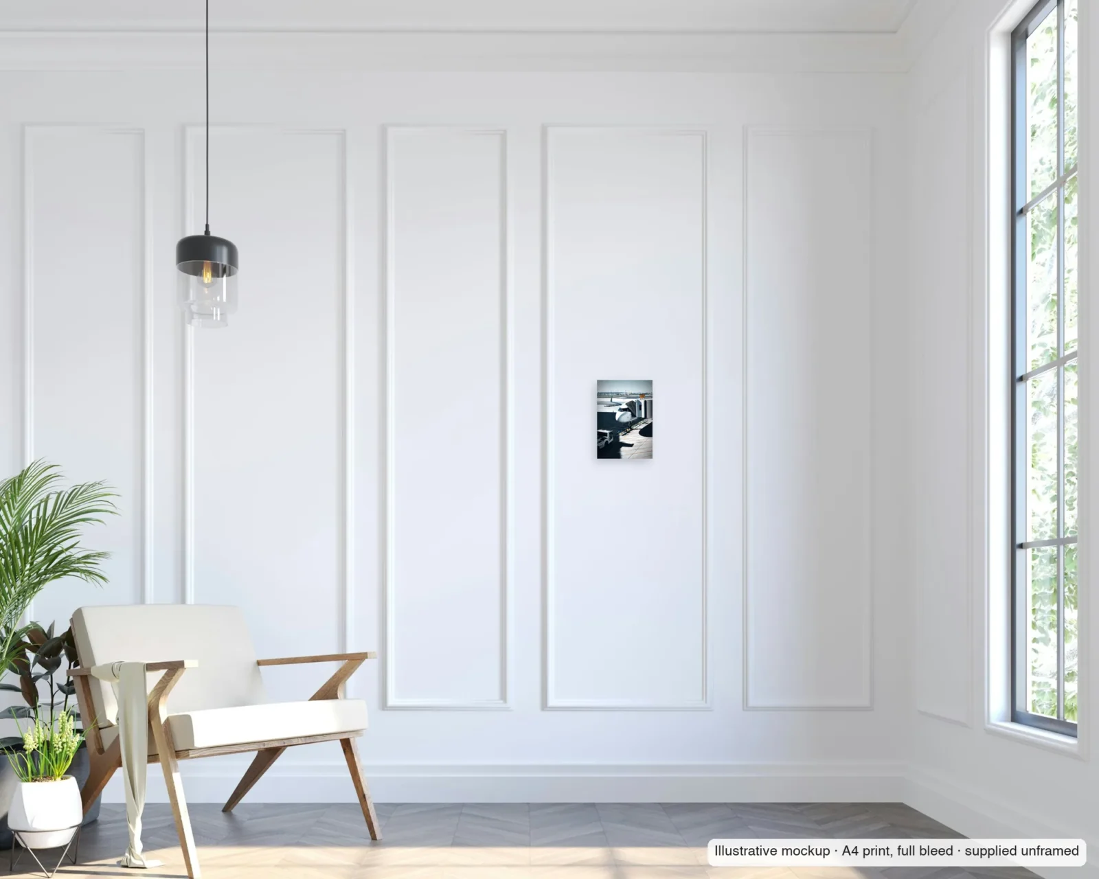Illustrative mockup of Stand 142 as an unframed A4 full-bleed print on a living-room wall.