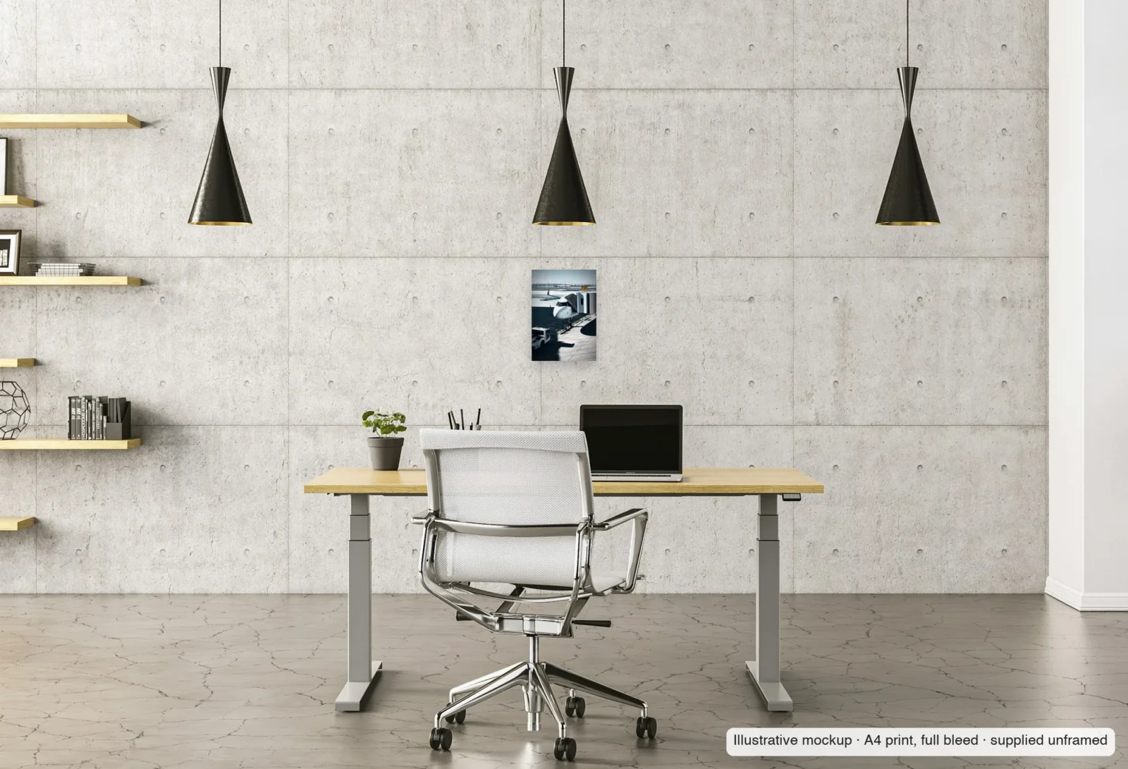 Illustrative mockup of Stand 142 as an unframed A4 print above a desk in a home office.