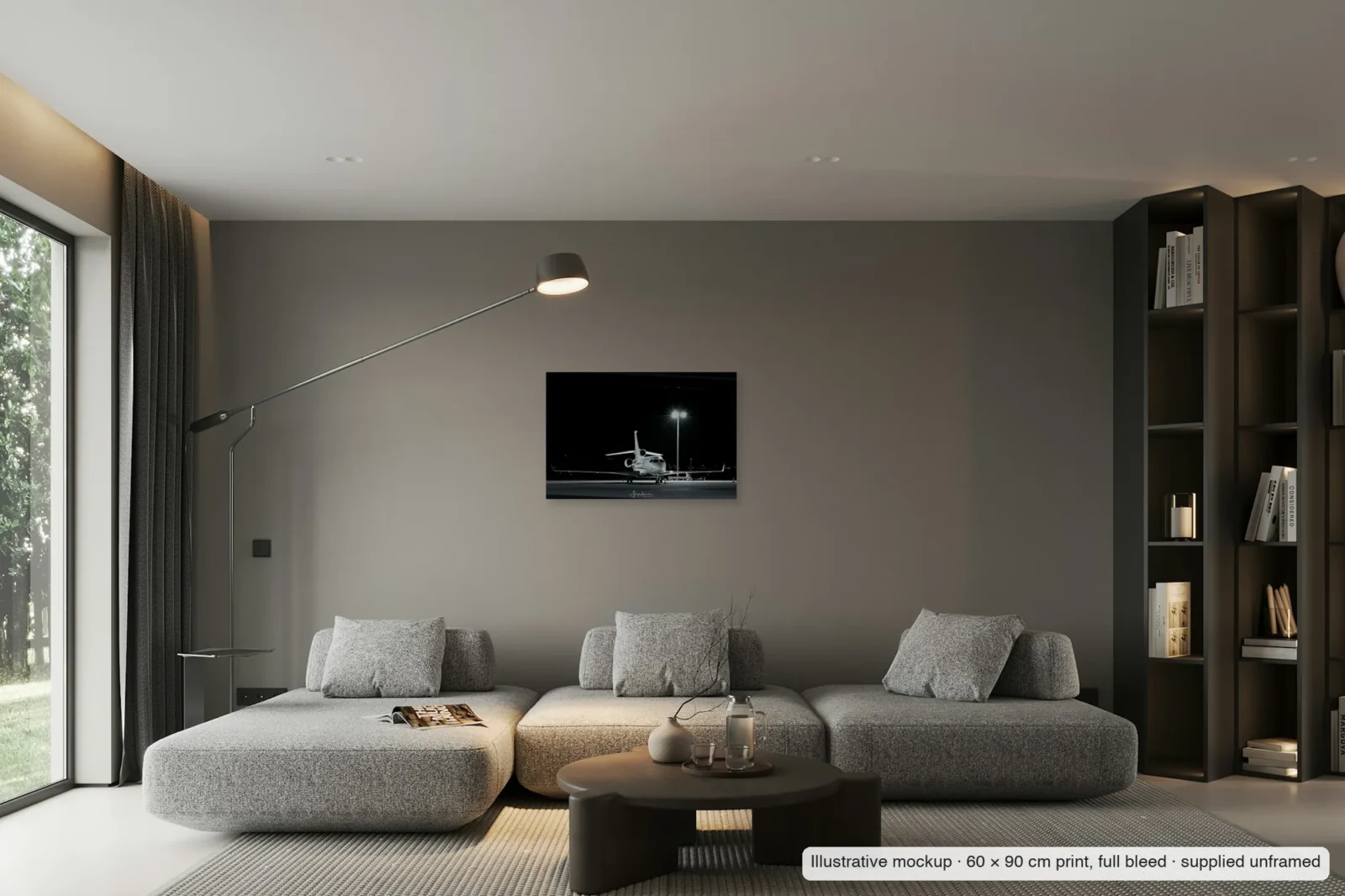 Illustrative mockup of Starburst stand as an unframed 60 × 90 cm full-bleed print on a living-room wall.