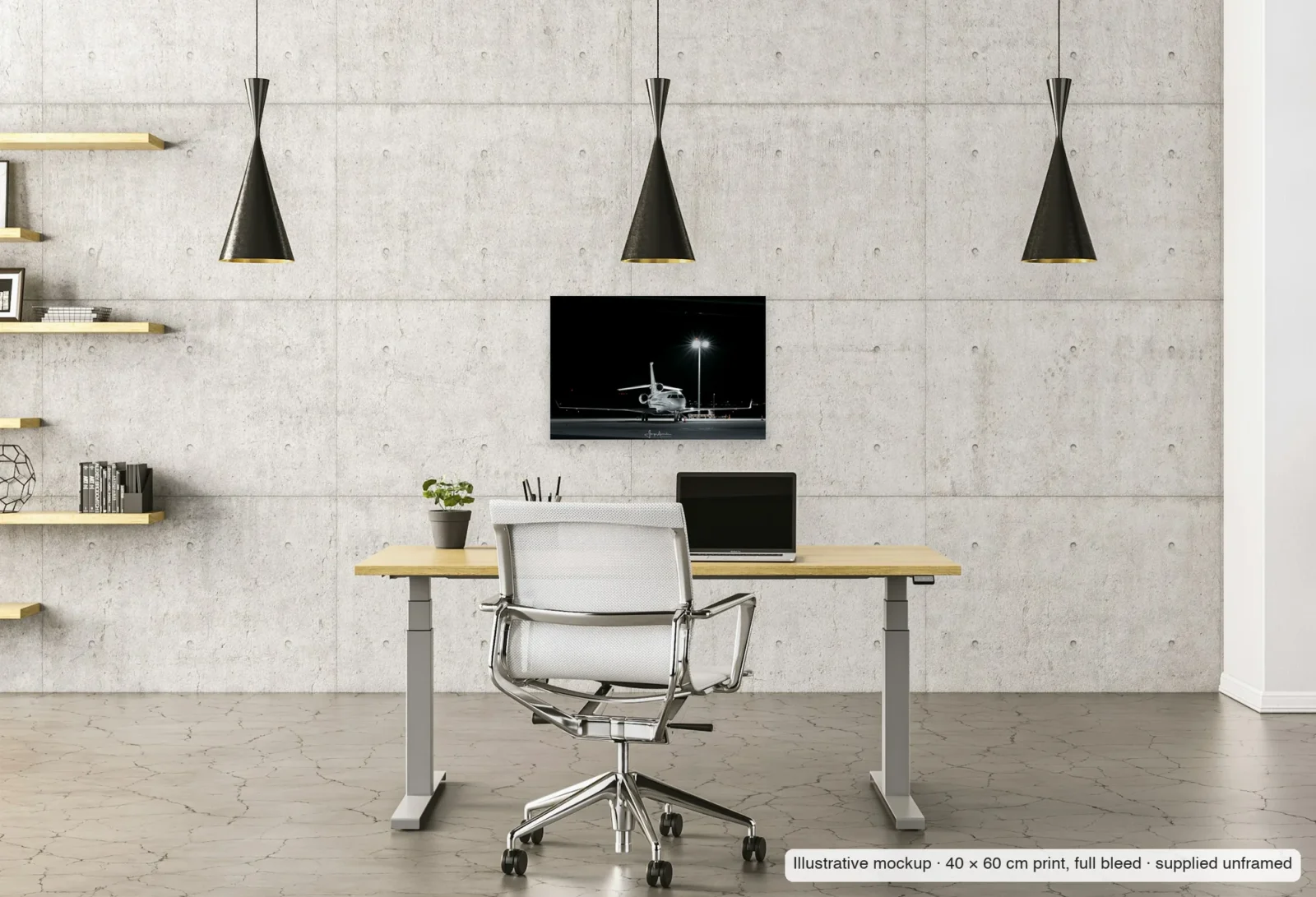 Illustrative mockup of Starburst stand as an unframed 40 × 60 cm print above a desk in a home office.