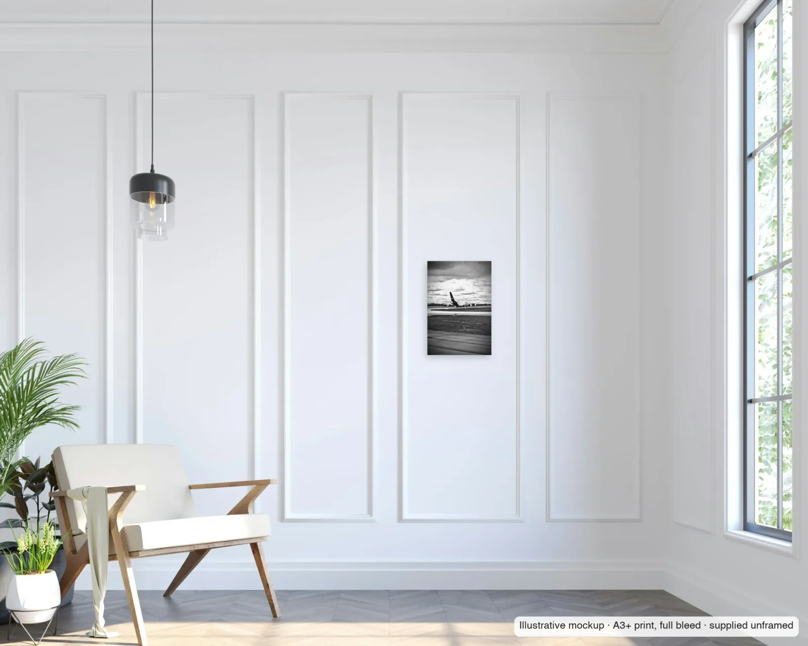 Illustrative mockup of Superjumbo, Munich as an unframed A3+ full-bleed print on a living-room wall.