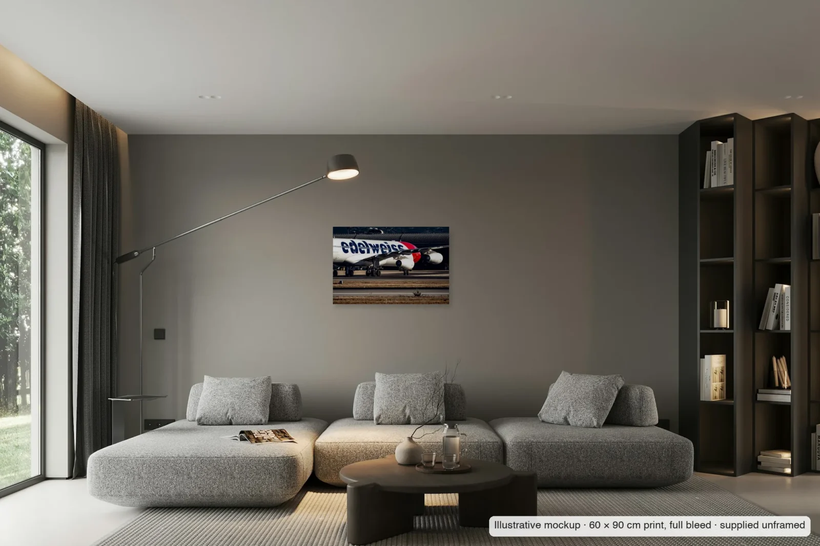 Illustrative mockup of The four-engined profile as an unframed 60 × 90 cm full-bleed print on a living-room wall.