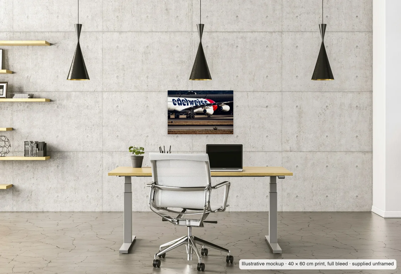 Illustrative mockup of The four-engined profile as an unframed 40 × 60 cm print above a desk in a home office.