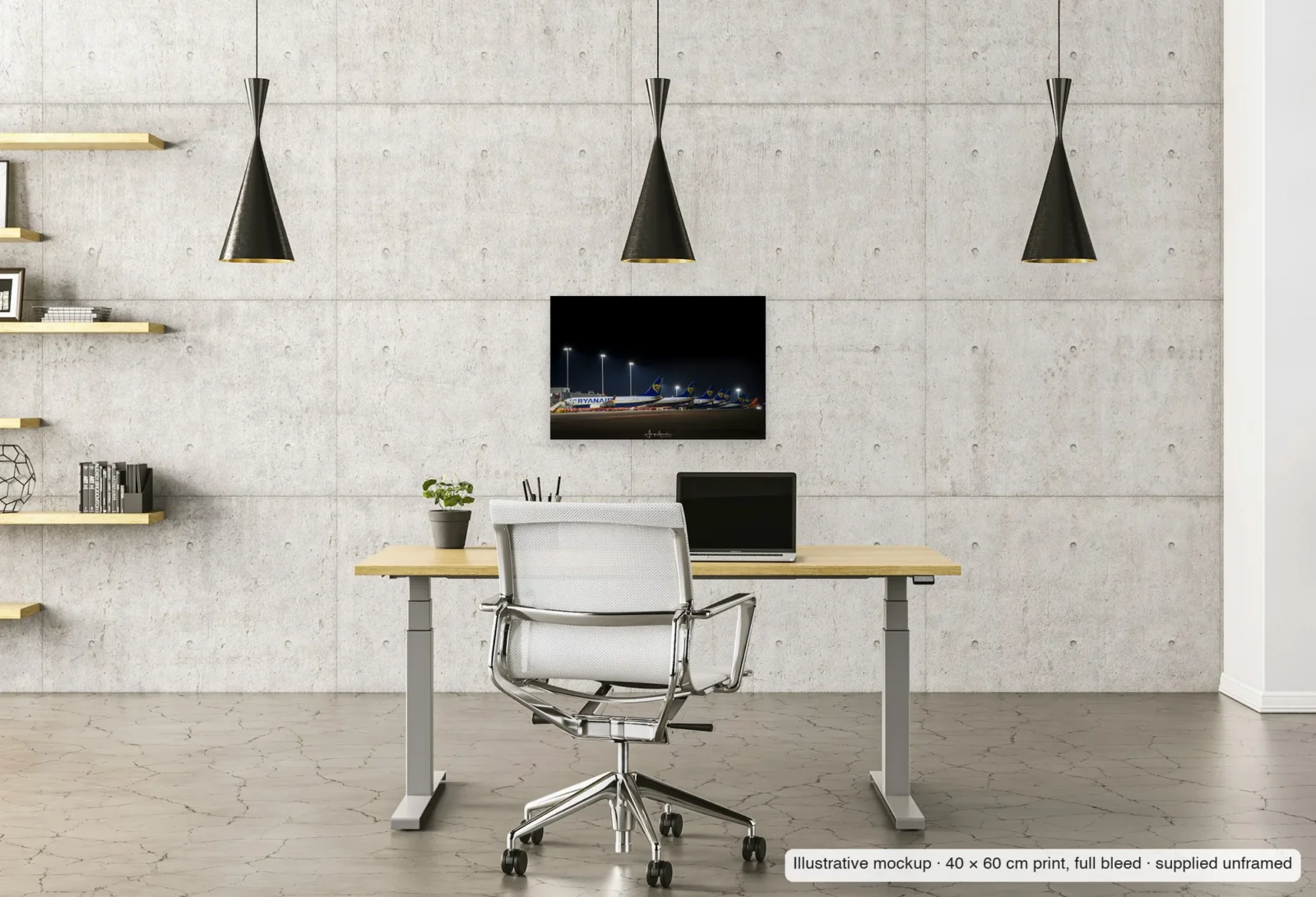 Illustrative mockup of The long line as an unframed 40 × 60 cm print above a desk in a home office.