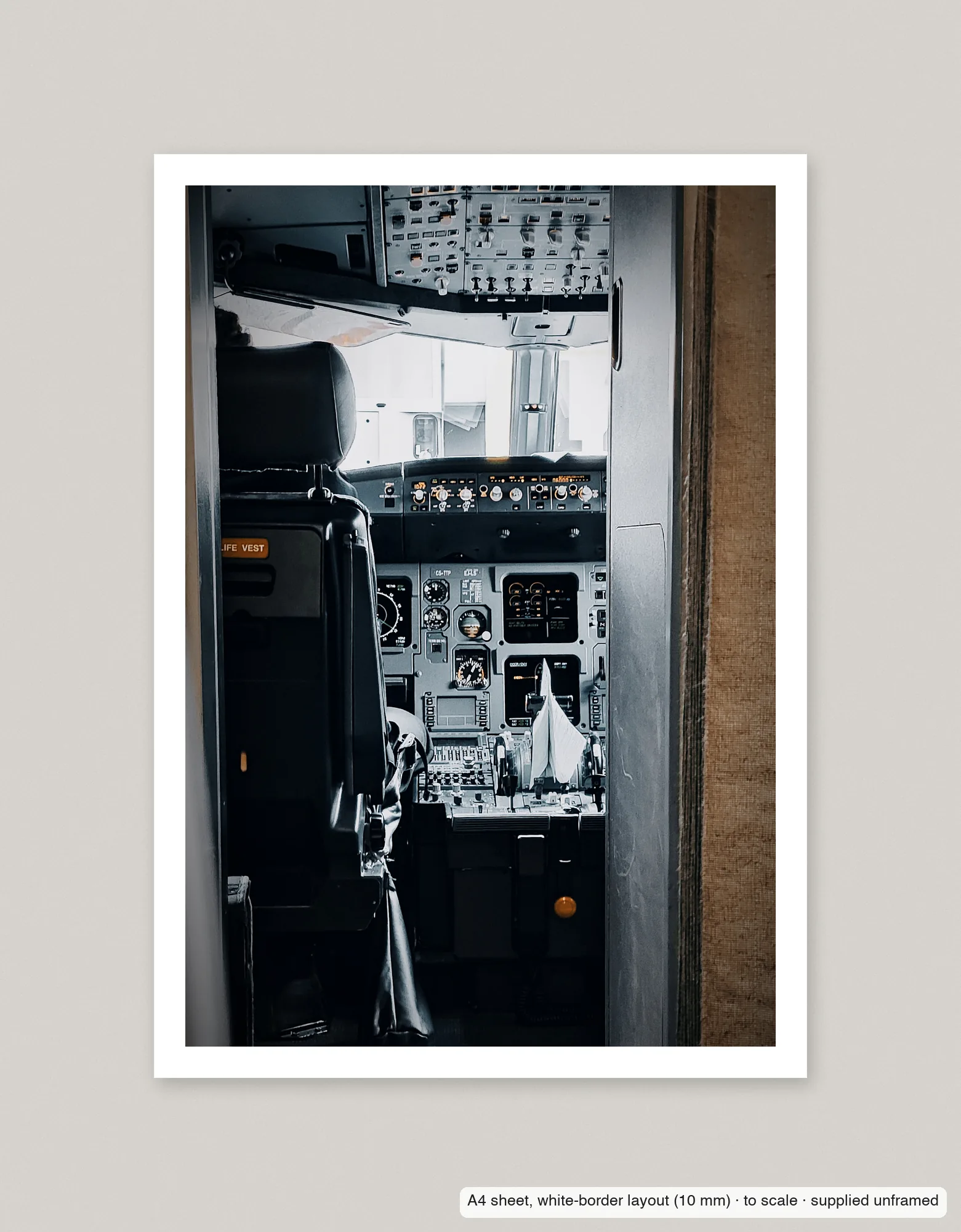 Through the flight-deck door printed as an A4 sheet with a 10 mm white border, shown flat and unframed.