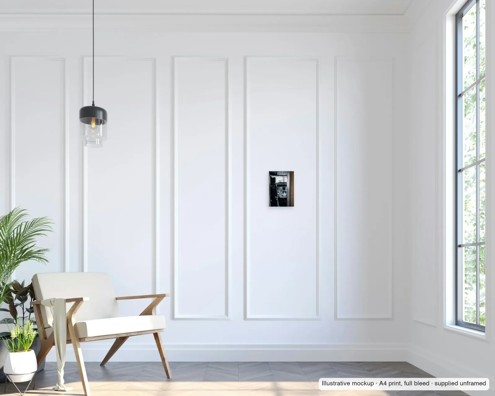 Illustrative mockup of Through the flight-deck door as an unframed A4 full-bleed print on a living-room wall.