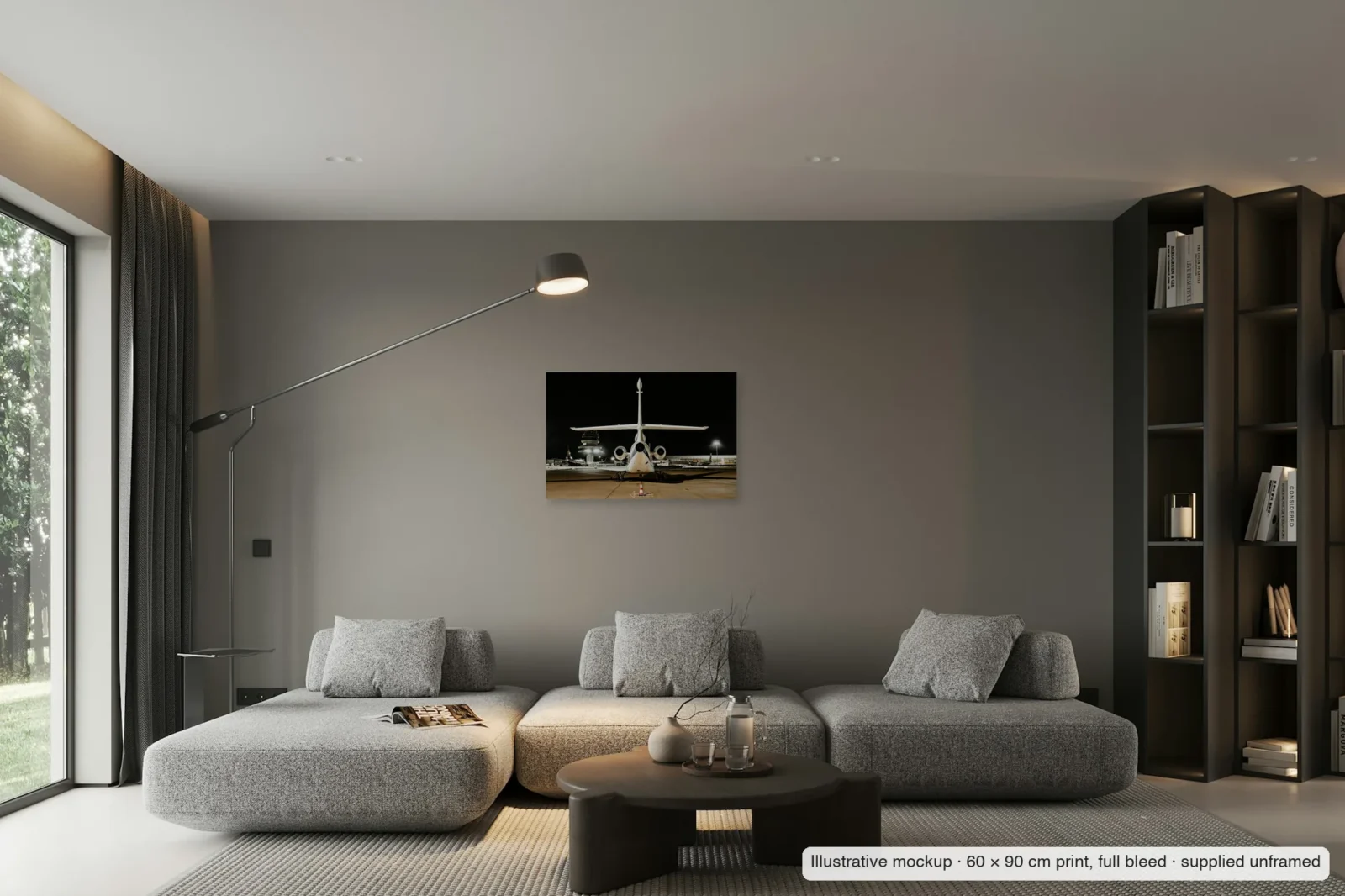 Illustrative mockup of Tower watch as an unframed 60 × 90 cm full-bleed print on a living-room wall.