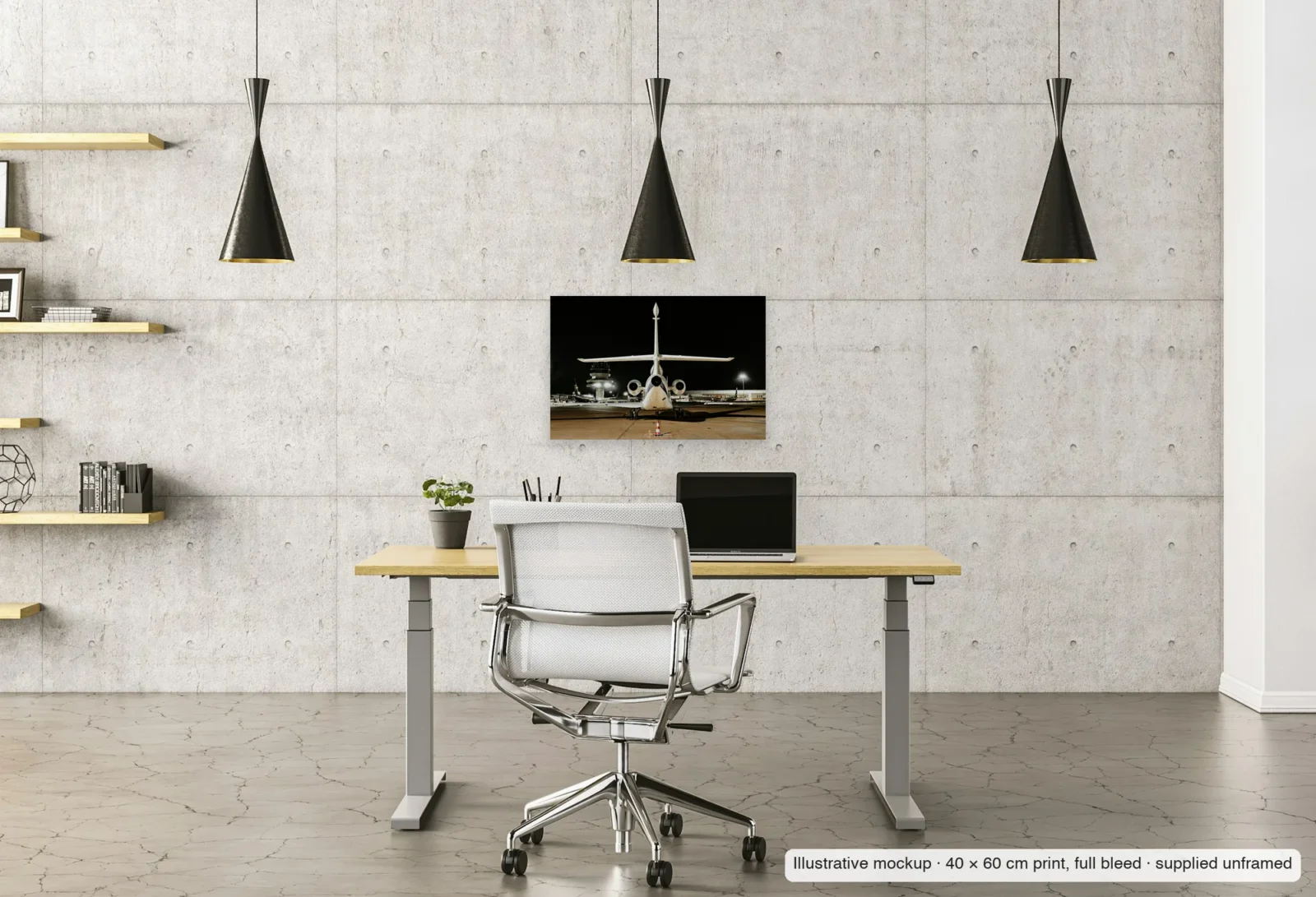 Illustrative mockup of Tower watch as an unframed 40 × 60 cm print above a desk in a home office.