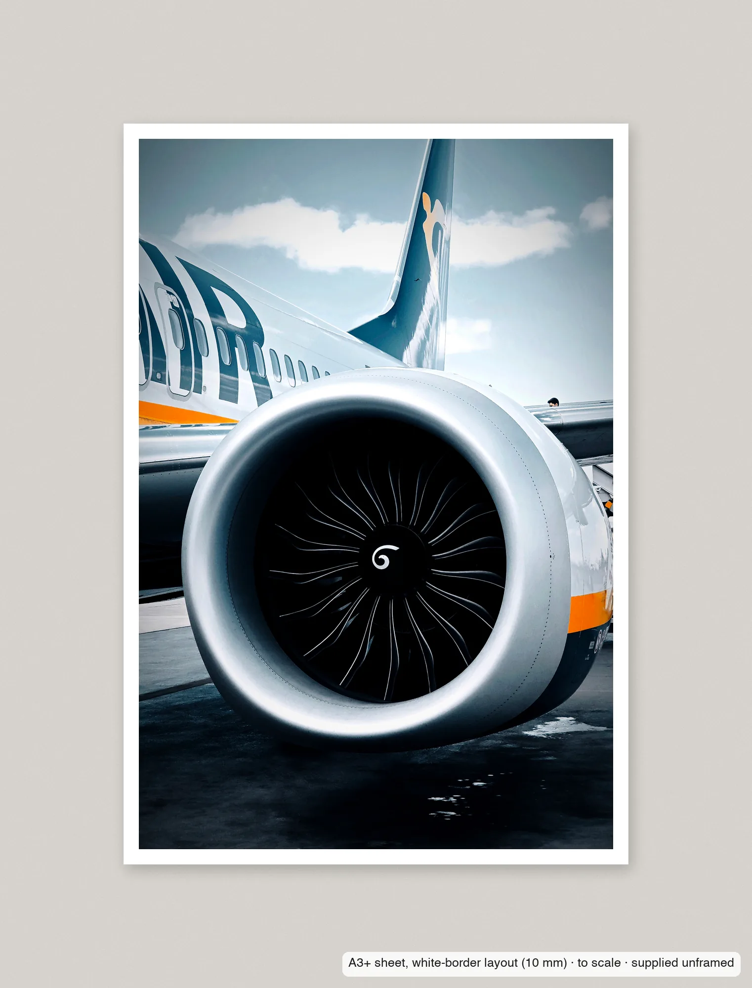Turbofan in daylight printed as an A3+ sheet with a 10 mm white border, shown flat and unframed.