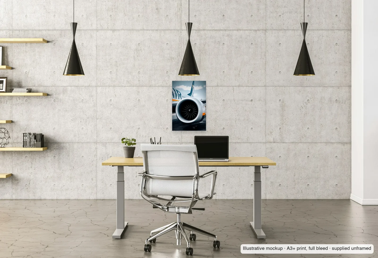 Illustrative mockup of Turbofan in daylight as an unframed A3+ print above a desk in a home office.