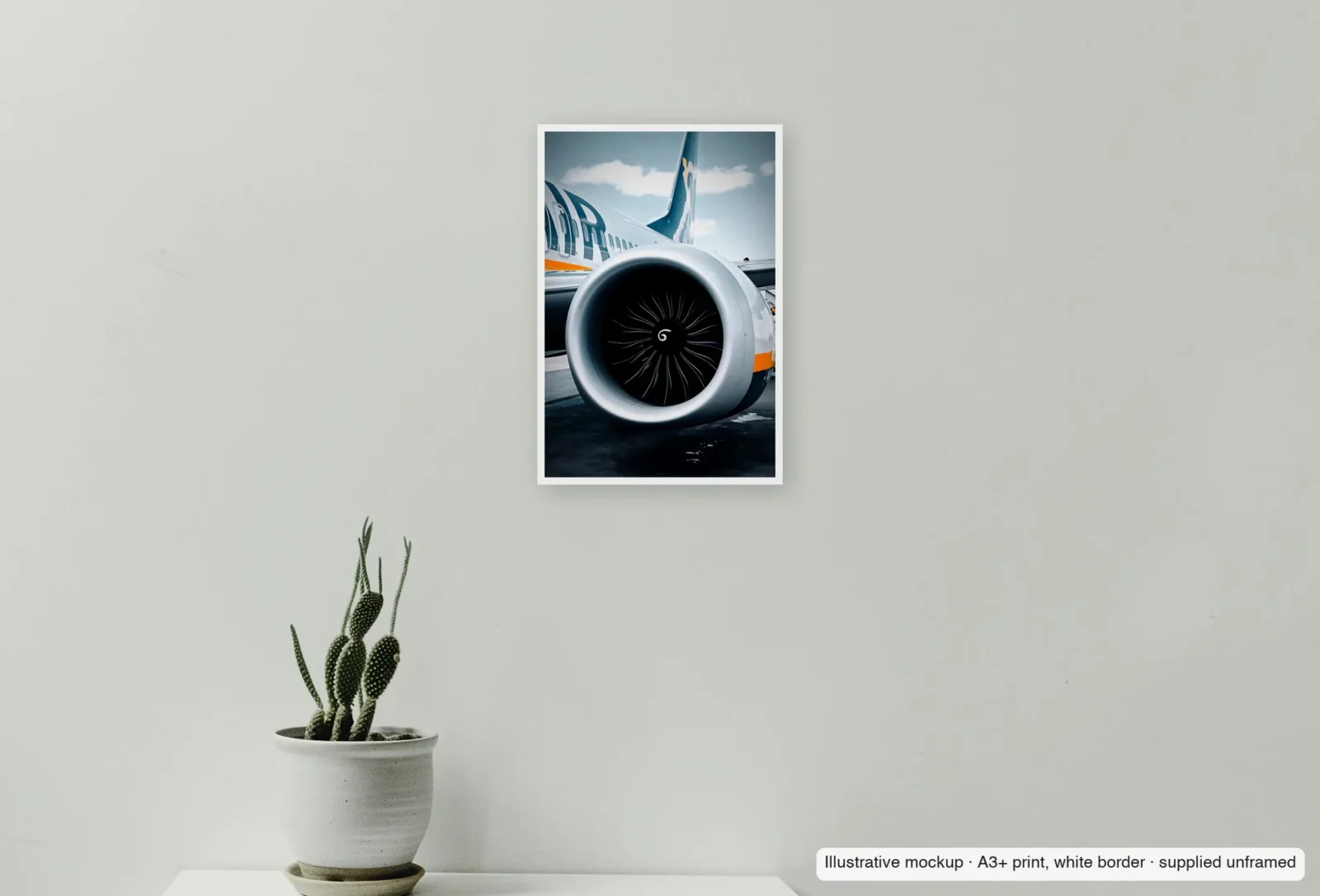 Closer view of Turbofan in daylight as an unframed A3+ white-border print above a sideboard.