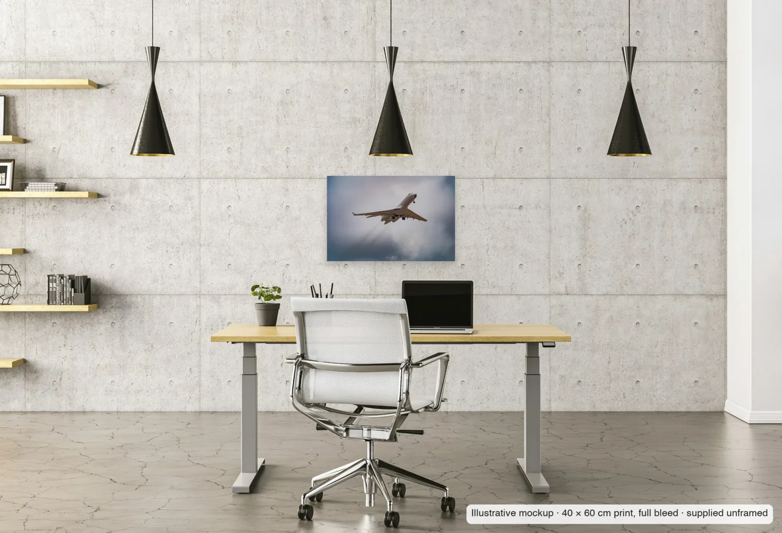 Illustrative mockup of Vapour in the grey as an unframed 40 × 60 cm print above a desk in a home office.