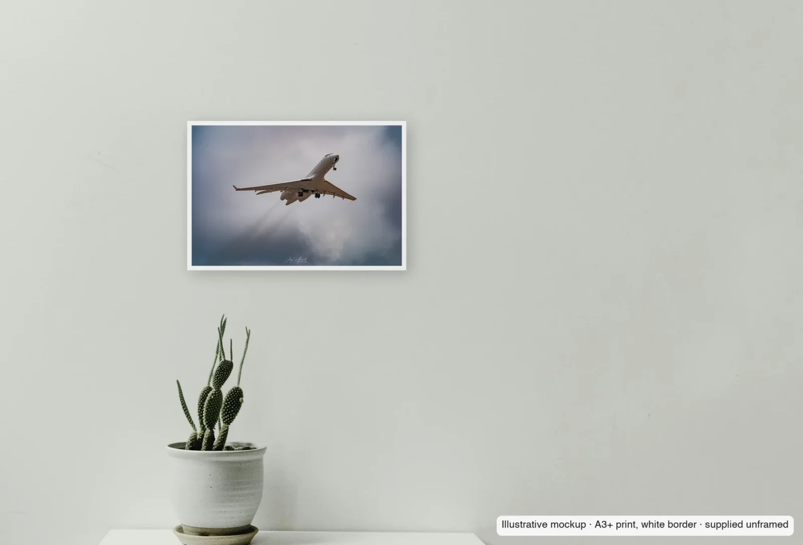 Closer view of Vapour in the grey as an unframed A3+ white-border print above a sideboard.
