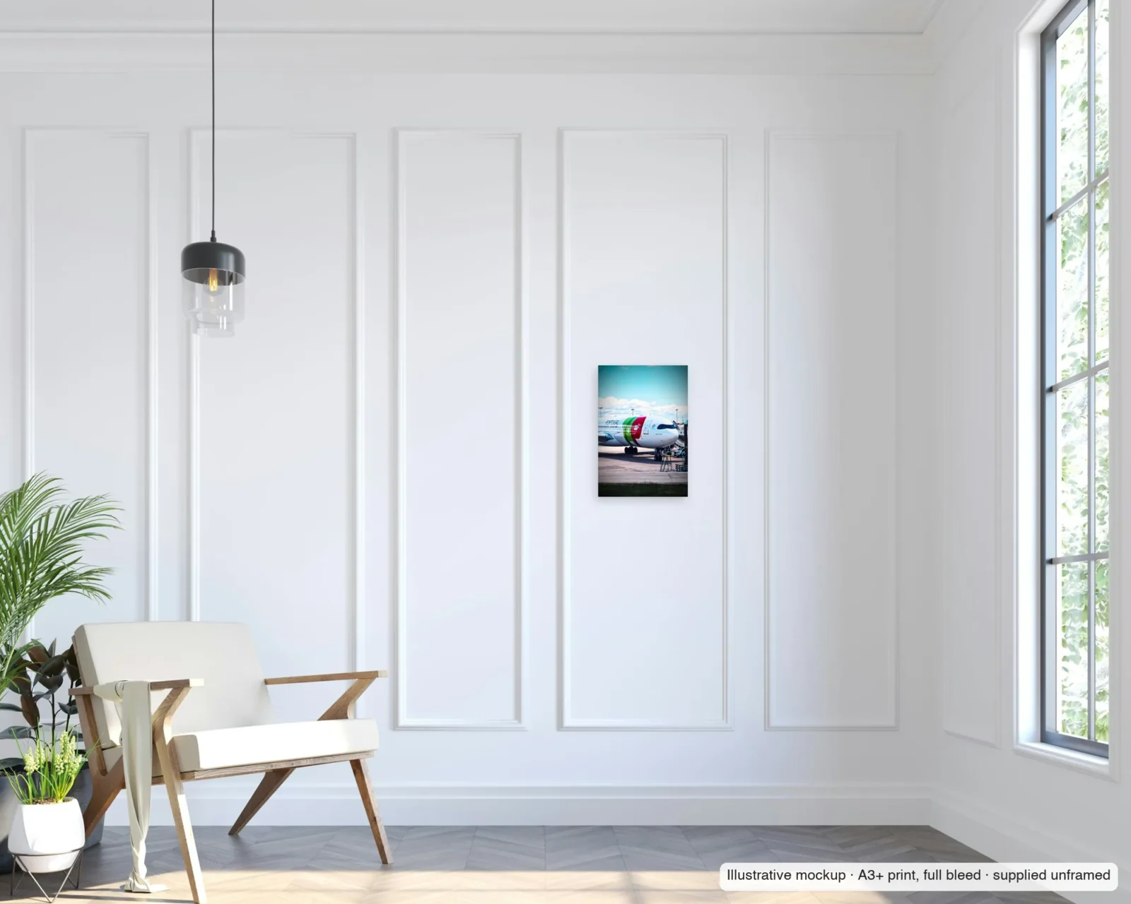 Illustrative mockup of Vasco da Gama at Lisbon as an unframed A3+ full-bleed print on a living-room wall.